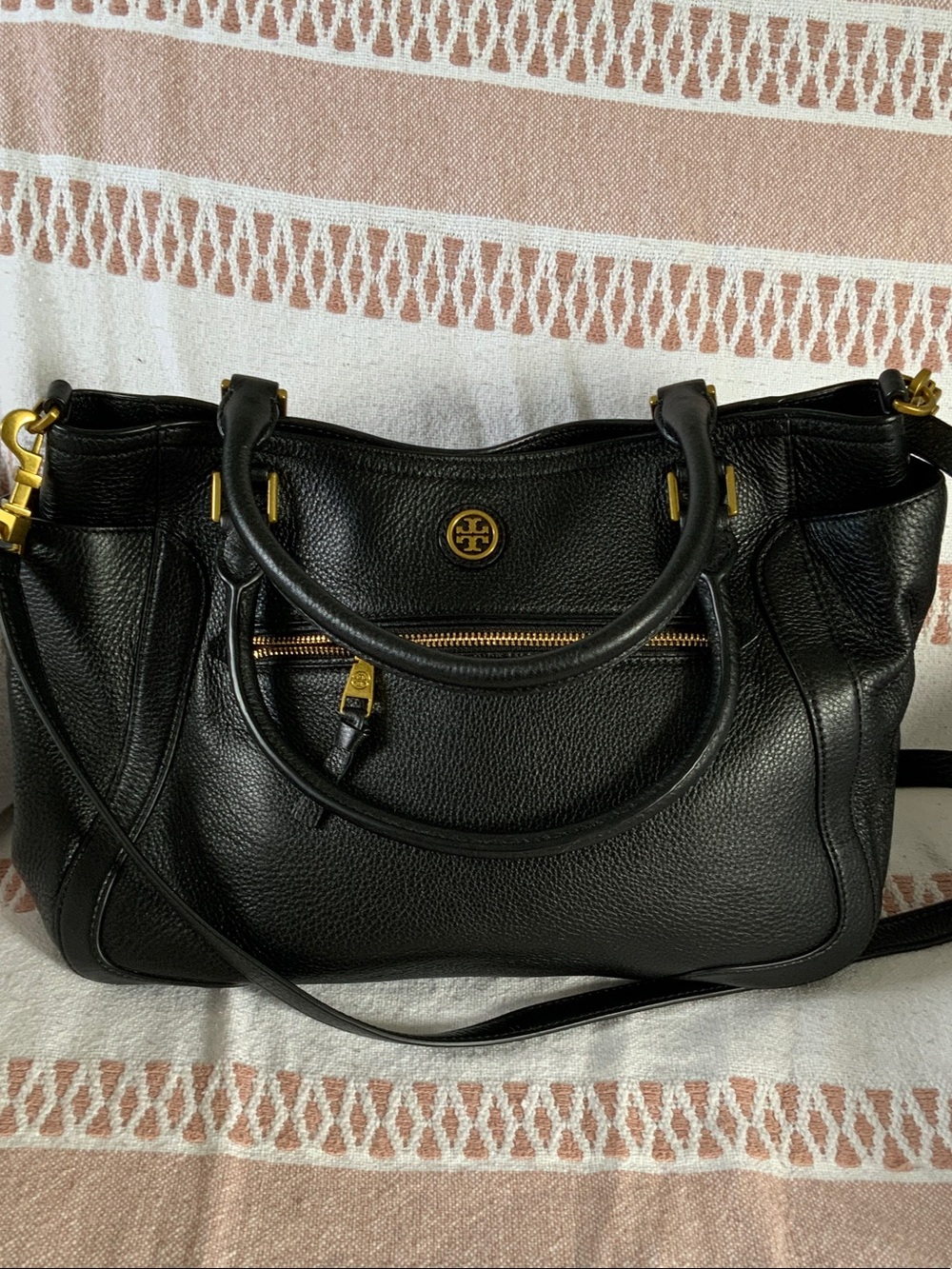 Tory Burch Black Pebbled Leather Satchel with Gold Hardware